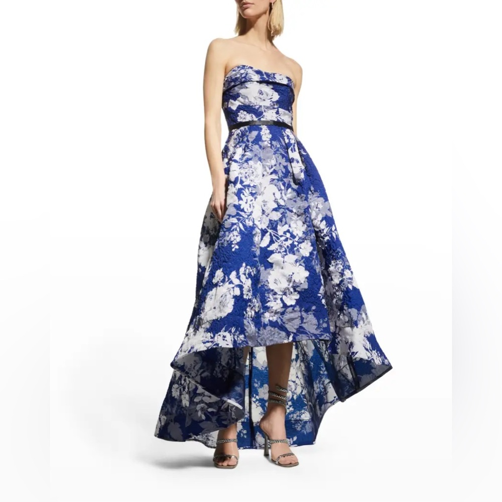 Marchesa Notte Strapless Floral-Print Organza High-Low Gown